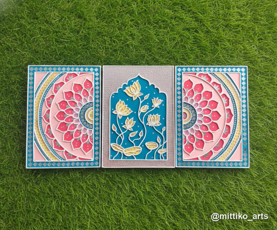 Lotus & Jharokha Triptych Wall Art – Pink, Yellow & Teal