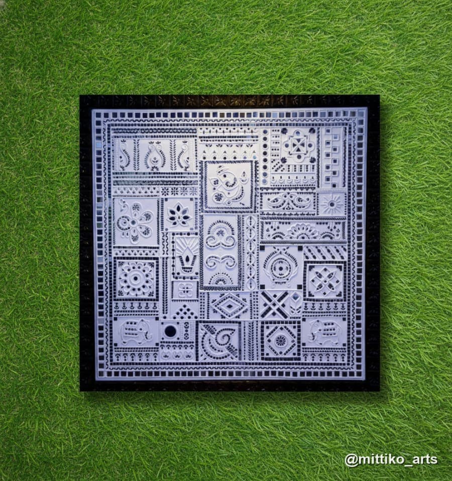 Navy Alpana Folk Motif Large Square Wall Panel