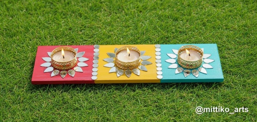 Triple Diya Bar – Pink, Yellow & Teal Lotus Tealights