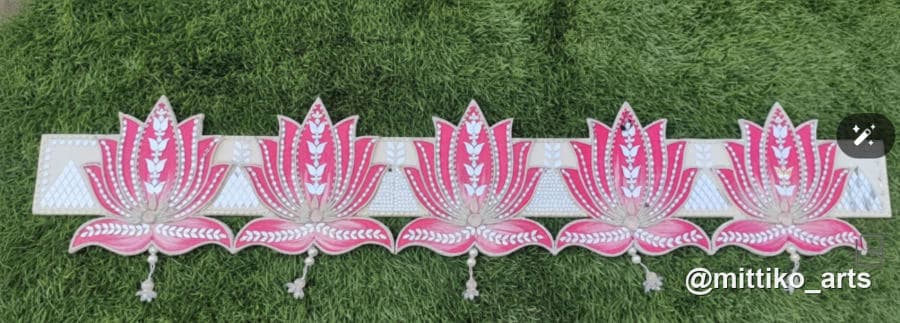 Pink Lotus Toran – White Banner with Five Lotus Pendants