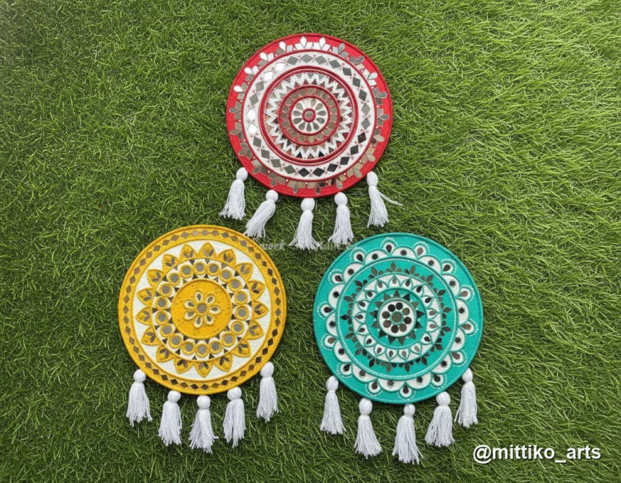 Traditional Mandala Wall Hanging Set of 3 – Red, Yellow & Teal