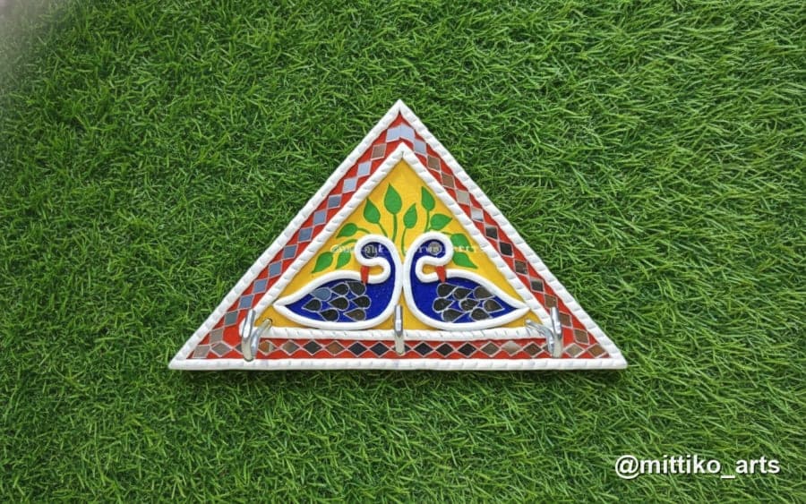 Triangle Tree-of-Life Key Holder – Yellow & Red Folk Art