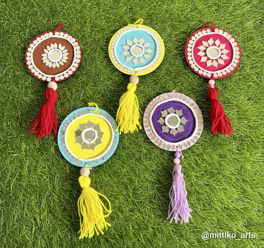 Mirror Mandala Car Hanging – Round with Colour Tassel, Set of 5