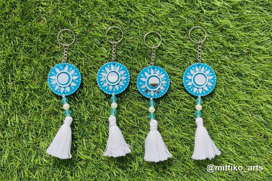 Teal Mandala Keychain with White Tassel – Set of 4