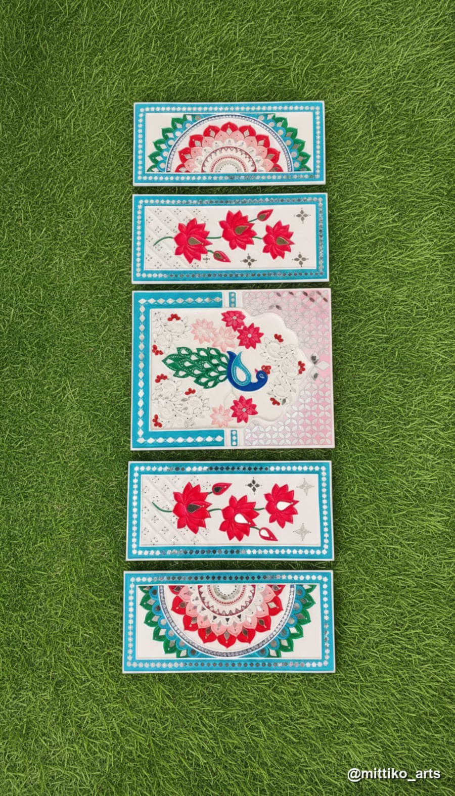 Peacock & Lotus Five-Panel Wall Set – Teal & Red