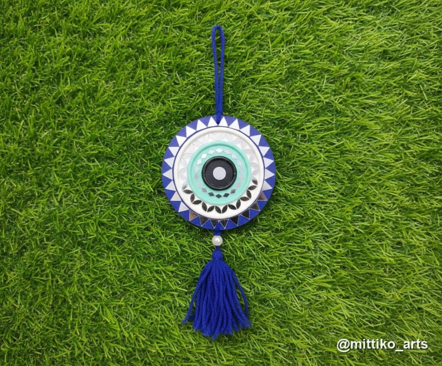 Navy Mosaic Mirror Car Hanging – Round with Tassel & Pearl Bead