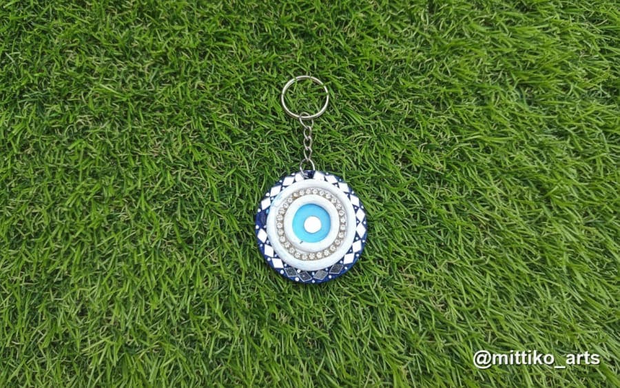 Evil Eye Clay Keychain – Round Mirror Inlay Pendant