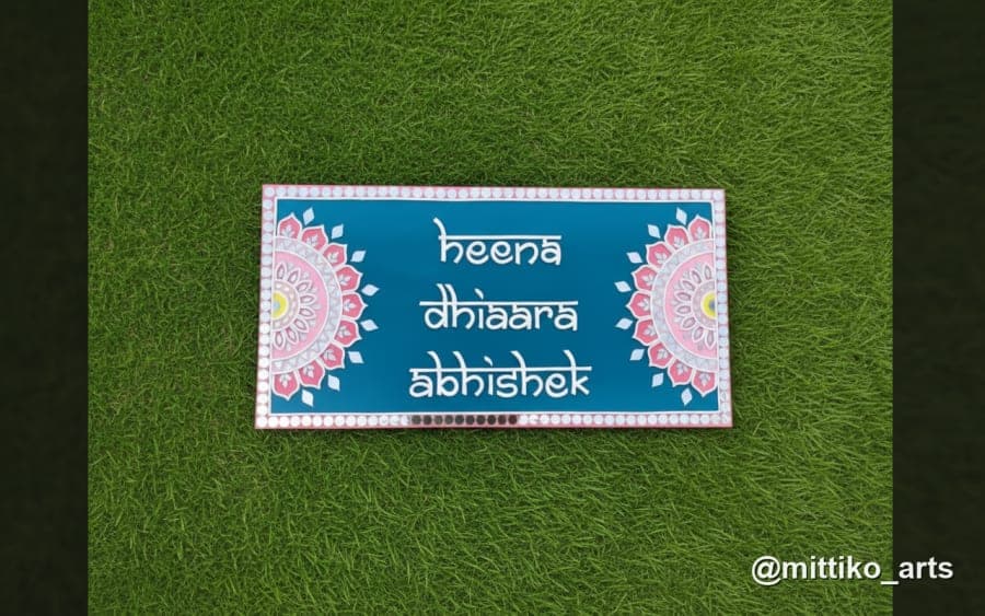 Family Trio Names Nameplate – Teal with Pink Mandalas