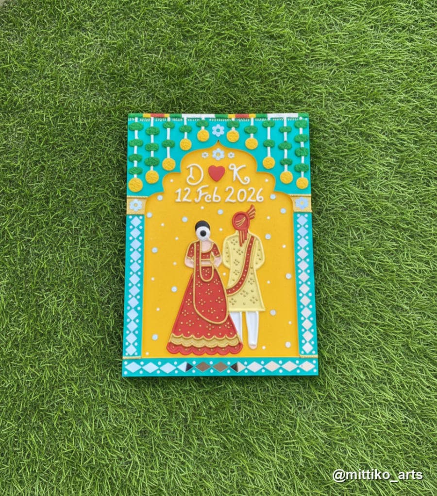 Jharokha Wedding Couple Frame – Yellow & Teal 12×14