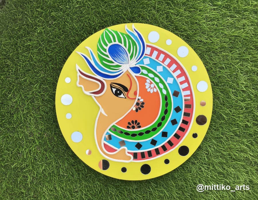Mor-Pankh Ganesha Wall Plate – Yellow Base with Peacock Feather