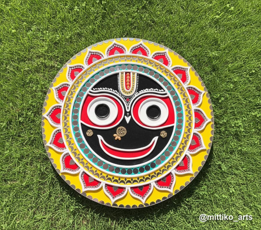 Jagannathji Wall Plate – Yellow Sun Mandala with Red Petals