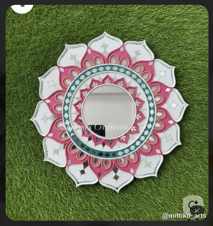 Symmetric Lotus Mandala Wall Mirror – Pink, Teal & White